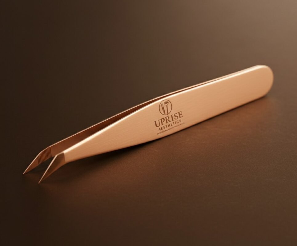 Rose gold volume eyelash extension tweezers by Uprise Aesthetics precision stainless steel lash tool for professional lash artists.