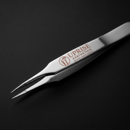Silver curved eyelash extension tweezers by Uprise Aesthetics stainless steel precision lash tool for professional lash artists.