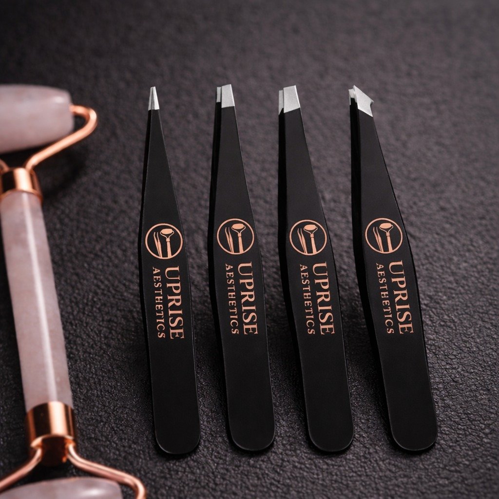 Professional black eyebrow tweezers set by Uprise Aesthetics stainless steel precision beauty tools for eyebrow shaping.