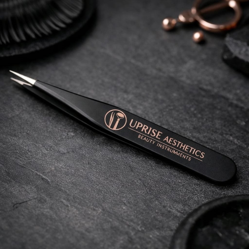 Black precision eyelash extension tweezers by Uprise Aesthetics professional stainless steel lash tool for lash artists. Black precision eyelash extension tweezers by Uprise Aesthetics professional stainless steel lash tool for lash artists.